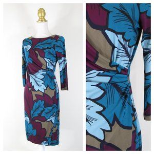 SOLDTalbots Petite Teal Purple Leaf Faux Wrap Sheath Dress SP